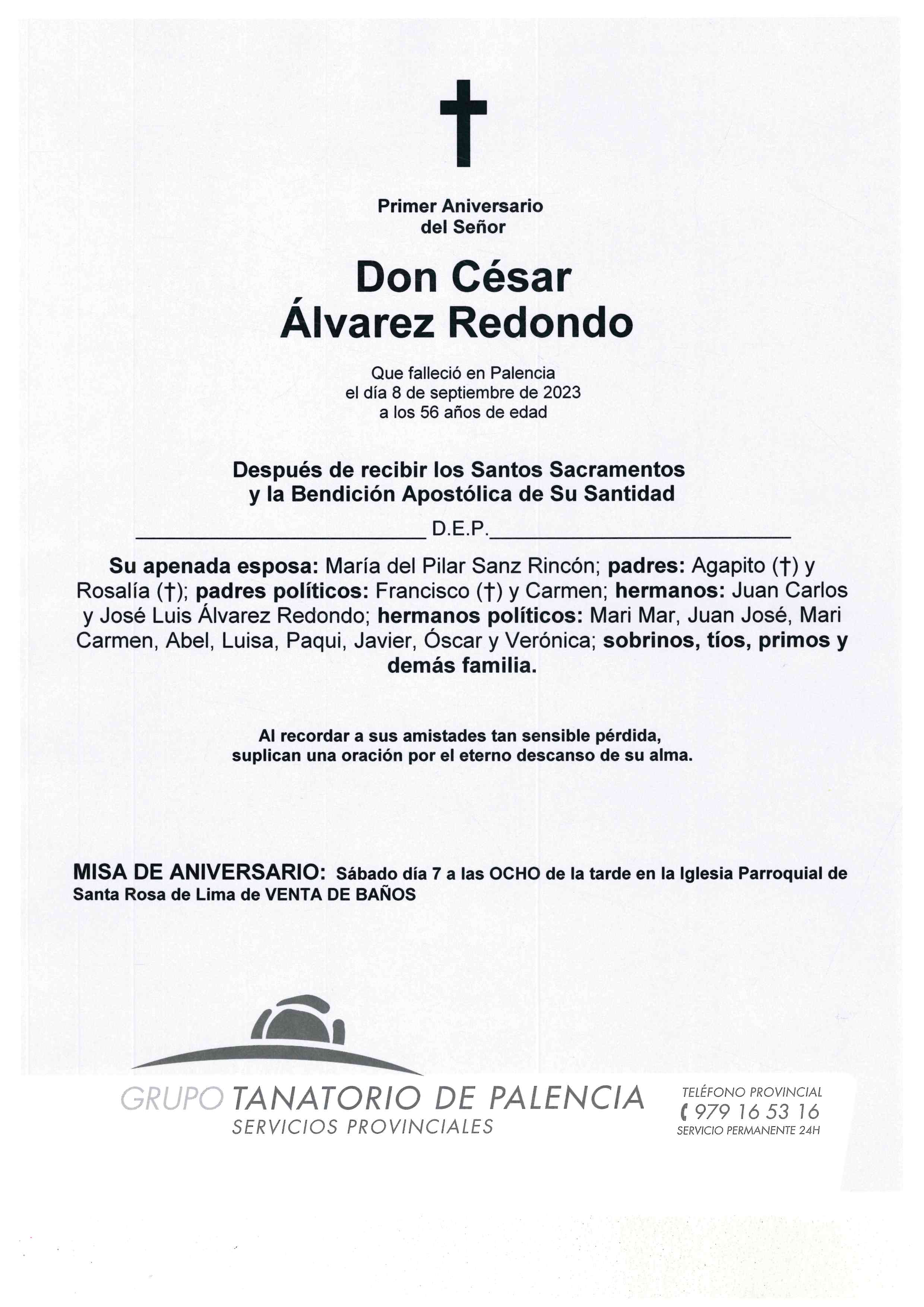 PRIMER ANIVERSARIO DEL SEÑOR DON CÉSAR ÁLVAREZ REDONDO